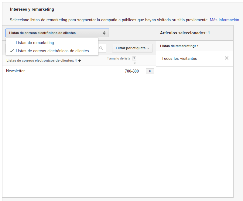 Selección lista de remarketing Adwords