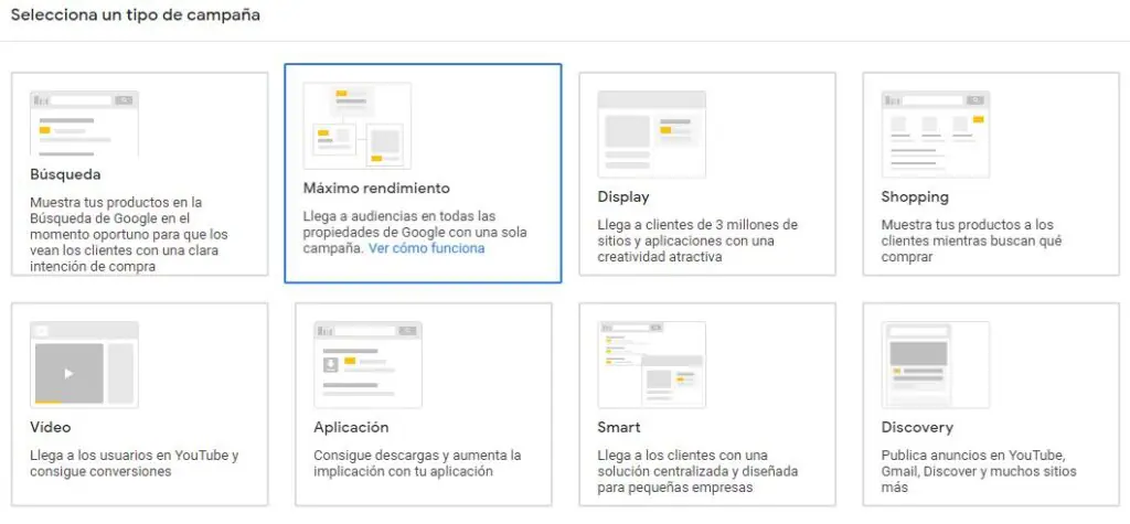 selección tipos de campaña pmax